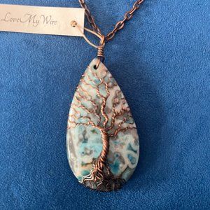 Love My Wire Crazy Lace Agate Tree of Life Copper Wire Necklace with Pendant NWT